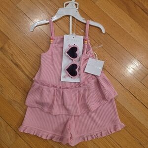 Btween Pink Ribbed Short Outfit With Sunglasses